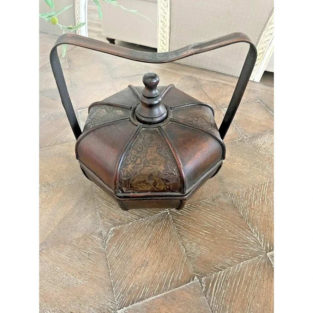 Antique Vintage Chinese Wedding Betrothal Basket  Lidded Handle Wood Rattan
